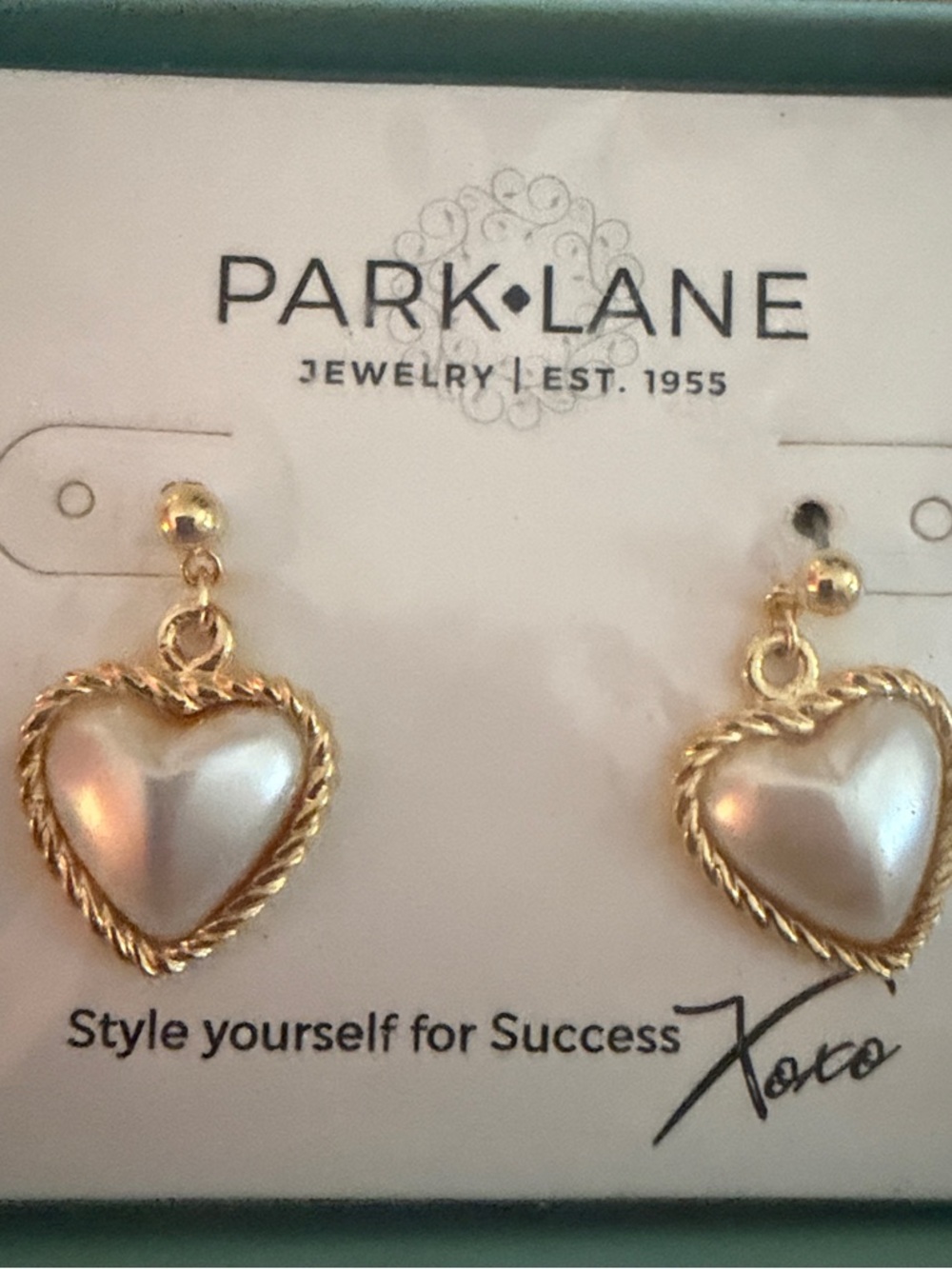 Park Lane Gold Heart Drop Earrings with Pearlescent Centers